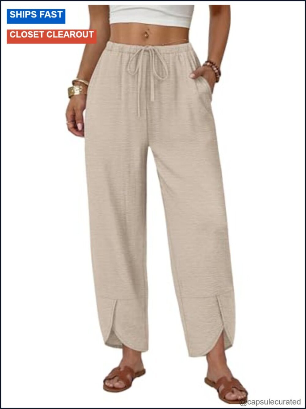 Wide Leg Palazzo Capri Pants with Pockets Drawstring Elastic Waist